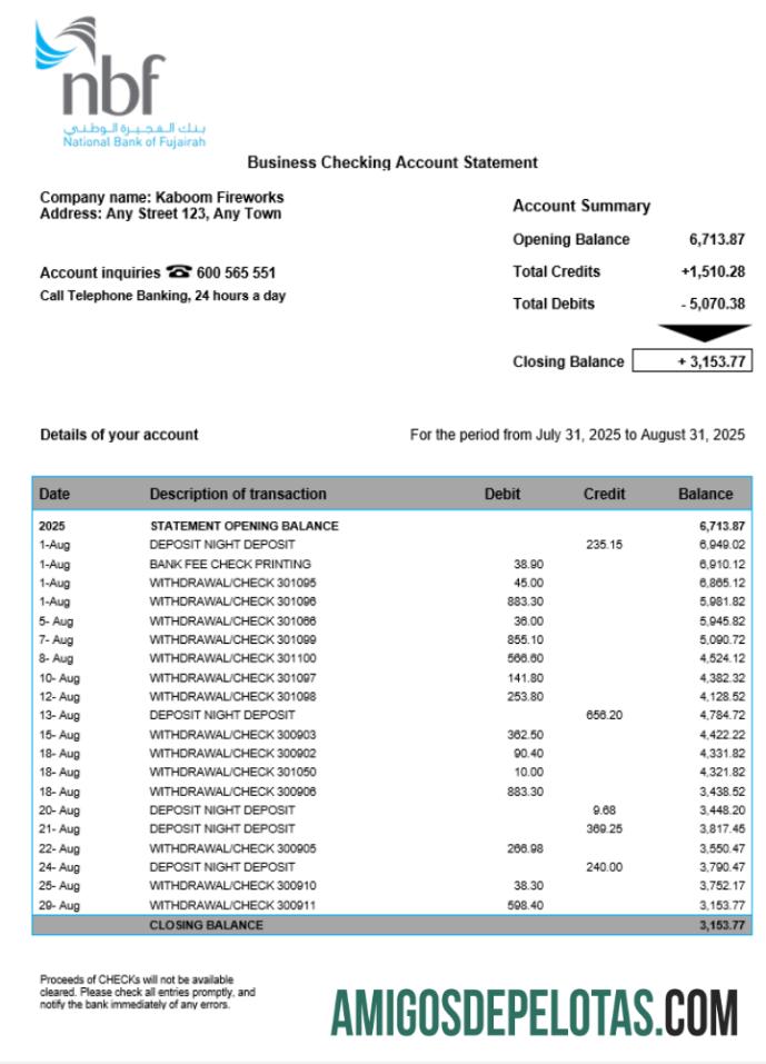 Baixável UAE Fujeirah National Bank (NFB) Organization Checking modelo de extrato de conta Word e PDF